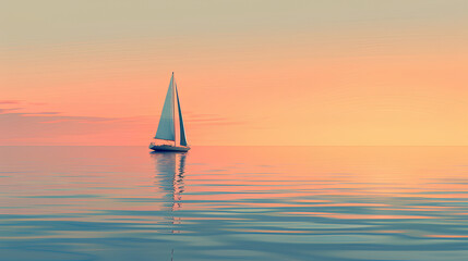 Fototapeta premium empty sailboat on calm waters, against the backdrop of dusk's gradient sky, A pastel color palette with muted blues for the sea and twilight hues