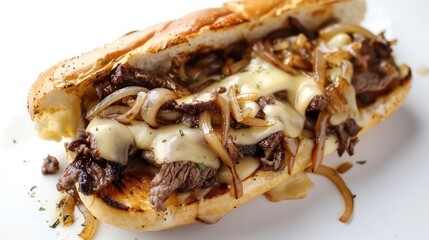 Closeup of a Philly cheesesteak sandwich with melted cheese, onions, and meat on a toasted roll.
