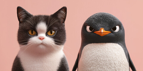 Fototapeta premium a cat and a penguin, a friendly portrait on a pink background