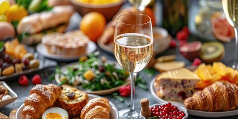 Detailed view of a champagne glass accompanied by an assortment of breakfast and brunch items such as croissants, eggs benedict, coffee, and fruits, with selective focus.