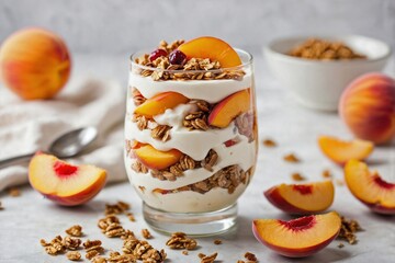 Obraz premium Peach Yogurt Parfait: Peach parfait with layers of yogurt, peaches, and granola neatly placed on a white surface