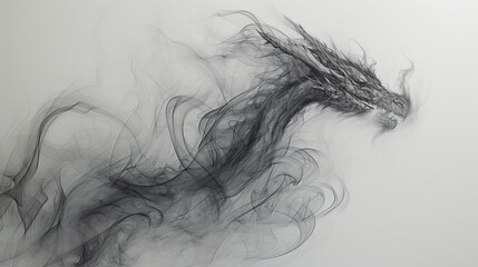 Fototapeta premium An enigmatic dragon created from intricate smoke swirls, floating gracefully against a plain white backdrop. This surreal artwork captures the essence of fantasy and creativity.