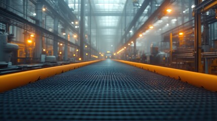 Conveyor belt in a factory with steel beams and lights.