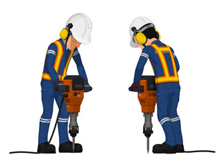 A worker with hearing protection equipment is operating the demolition breaker on white background