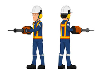 A worker with hearing protection equipment is operating the  jack hammer on white background