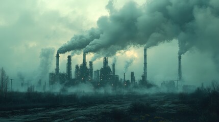A factory complex spewing thick plumes of smoke into a hazy sky, creating a sense of environmental pollution.