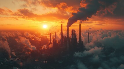 Fototapeta premium An aerial view of a factory emitting smoke into the sky at sunset.