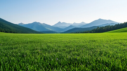 Fototapeta premium Lush green meadow with distant mountains creates serene landscape. vibrant grass and clear sky evoke sense of tranquility and natural beauty.