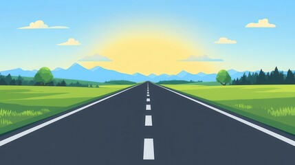 Flat design of a never-ending road, front view, animated in bright colors, perfect for travel themes