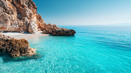 Fototapeta premium A stunning Mediterranean coastline featuring rocky cliffs and turquoise waters, creating serene and inviting atmosphere.