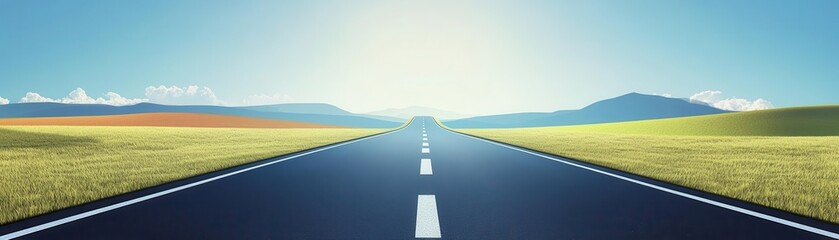 Fototapeta premium Flat design road in colorful animation, front view, representing the endless journey ahead