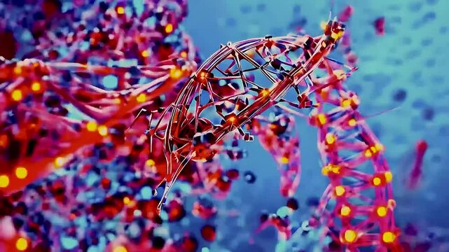 A strand of DNA  is shown with  red and purple lights  and red, purple, and blue lights in the background.