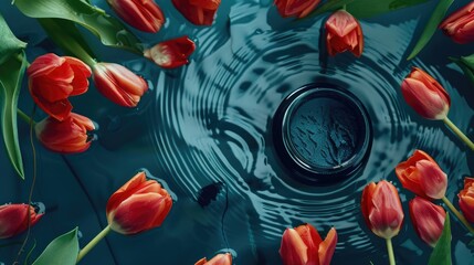 Top view of unoccupied platform with water ripples, tulips, and space for cosmetics.