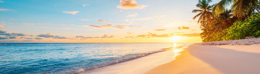 Obraz premium Tropical beach at sunset with golden light reflecting on water, creating serene and peaceful atmosphere.