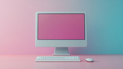 White desktop computer with blank screen, keyboard, and mouse on a pink and blue gradient background.