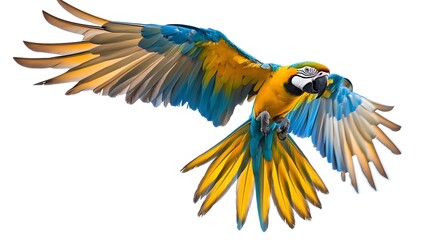 Fototapeta premium Blue and Yellow Macaw Flying White Background, Realistic Photo, Texture, Pattern Background, Wallpaper, Cover and Screen of Smartphone, PC, Laptop, 9:16 and 16:9 Format