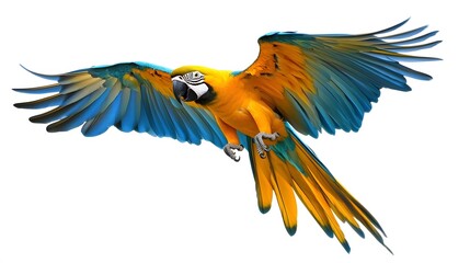 Fototapeta premium Blue and Yellow Macaw Flying White Background, Realistic Photo, Texture, Pattern Background, Wallpaper, Cover and Screen of Smartphone, PC, Laptop, 9:16 and 16:9 Format