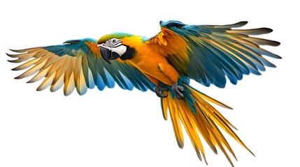 Fototapeta premium Blue and Yellow Macaw Flying White Background, Realistic Photo, Texture, Pattern Background, Wallpaper, Cover and Screen of Smartphone, PC, Laptop, 9:16 and 16:9 Format