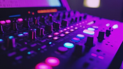 Close-up of a sound mixer with purple lighting
