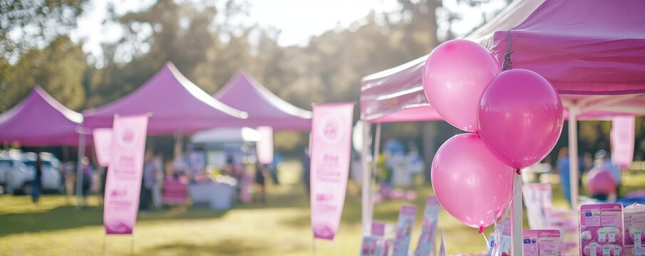 Community event with booths for breast cancer education and awareness, pink balloons and banners