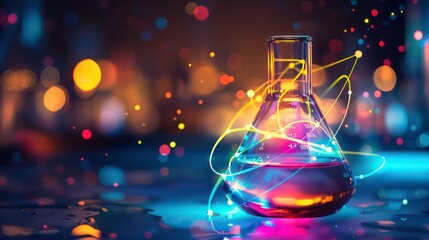 A single flask filled with a glowing liquid sits on a table with a dark background and bokeh lights, surrounded by glowing lines and dots.