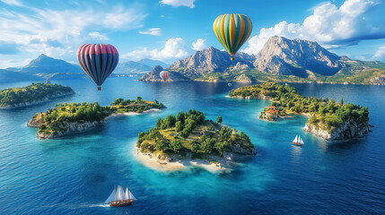 Fototapeta premium Serene landscape with colorful hot air balloons over tropical islands, perfect for travel brochures or adventure-themed designs. Good for Wall Art, Poster Print, Wallpaper & Background
