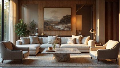 A peaceful reception area with elegant seating, greenery, and calming decor in a wellness clinic.






