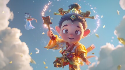 Fototapeta premium A Q-shaped cartoon image of Kuixing, the Chinese god of literature and examinations, floats in the sky. Kuixing has a kind expression, large expressive eyes, and an 