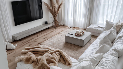 White living room with TV on the wall and coffee table, sofa in front of the television, home interior design