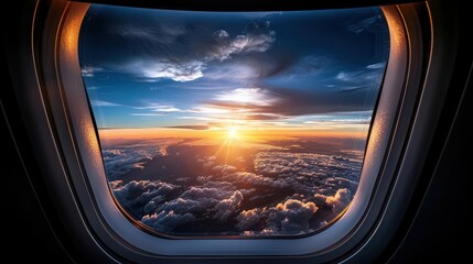 Fototapeta premium Airplane window view of clouds, expansive and serene, Travel, Cool tones, Photograph, Sky high