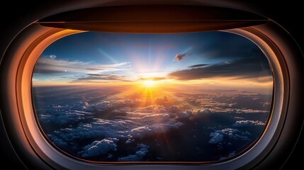 Airplane window view of clouds, expansive and serene, Travel, Cool tones, Photograph, Sky high