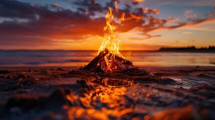 Beach bonfire at sunset, warm and inviting, Coastal, Warm hues, Photograph, Evening gathering