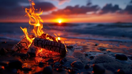 Beach bonfire at sunset, warm and inviting, Coastal, Warm hues, Photograph, Evening gathering