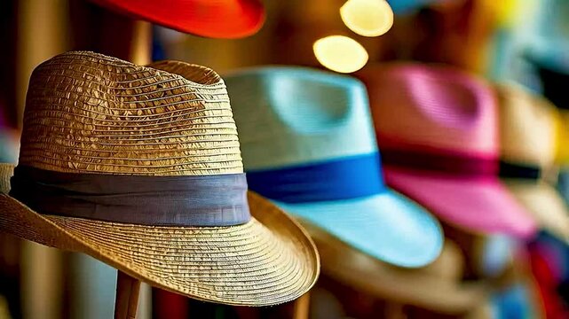 A row of  straw hats  is displayed on  wooden poles .