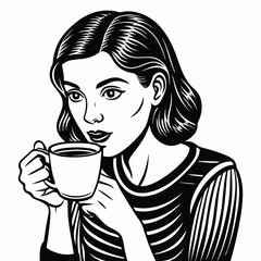 vector a woman drinking a one cup of coffee 