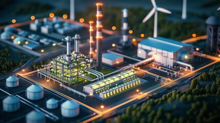 A miniature model of a factory with trees and a wind turbine at dusk.