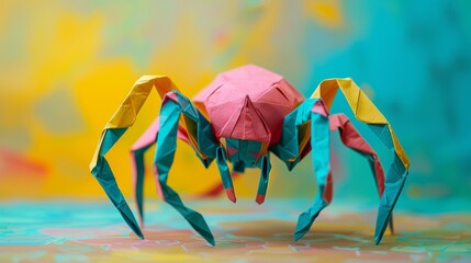 Fototapeta premium A photo of a geometric green, canary yellow and pink origami walking quadruped creature made from folded paper for a modern aesthetic.