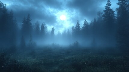 Fototapeta premium A full moon shines through misty clouds over a dark forest.