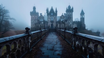Obraz premium Castle ruins in a misty landscape, historical and grand, Gothic, Cool tones, Photograph, Architectural heritage