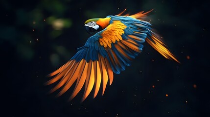 Blue and Yellow Macaw Flying Black Background, Realistic Photo, Texture, Pattern Background, Wallpaper, Cover and Screen of Smartphone, PC, Laptop, 9:16 and 16:9 Format