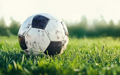A worn soccer ball sits in a field of lush green grass with the sun shining on the horizon.