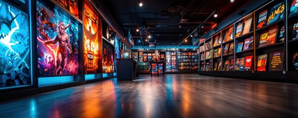 Comic book store with vibrant displays, dynamic and colorful, Urban, Bright hues, Photograph, Fan haven