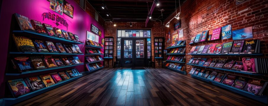 Comic book store with vibrant displays, dynamic and colorful, Urban, Bright hues, Photograph, Fan haven
