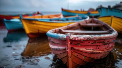 Obraz premium Fishing village with colorful boats, rustic and vibrant, Coastal, Bright hues, Photograph, Seaside life