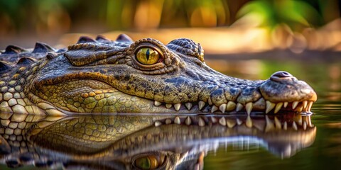 Fototapeta premium A close-up photo of a menacing crocodile lurking in the water, predator, reptile, dangerous, wildlife, teeth, scales