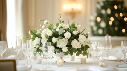 A beautifully arranged wedding table with an elegant floral centerpiece featuring white roses and green accents, complemented by decorative elements that create a romantic and sophisticated atmosphere