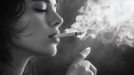Fototapeta premium Close-up of a woman's face smoking a cigarette with smoke rising from the cigarette.