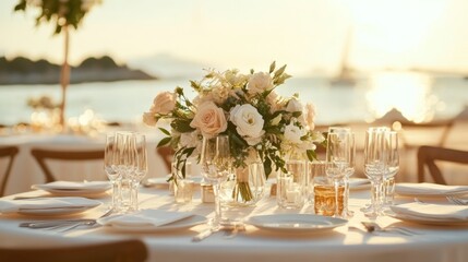 A sophisticated beachside wedding reception with an elegantly decorated table featuring a bouquet of roses, white linens, and fine glassware, creating a romantic and luxurious atmosphere