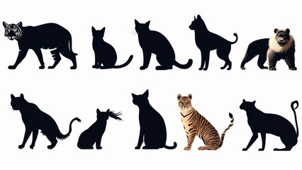 A series of silhouettes of cats and dogs