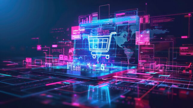 Digital shopping cart on laptop, abstract, neon light. - Powered by Adobe